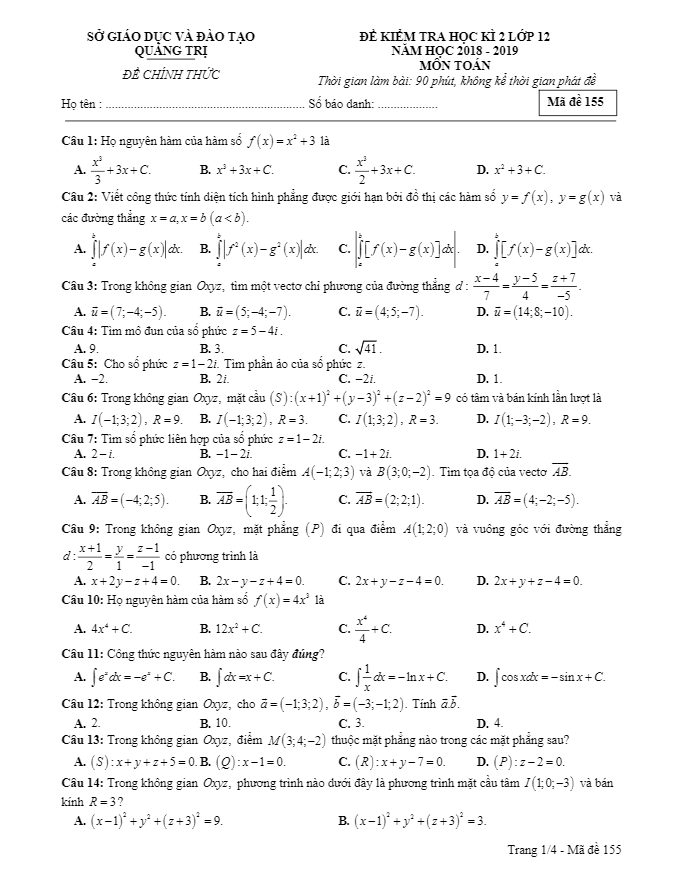 Đề thi học kì 2 (HK2) lớp 12 môn Toán năm học 2018 2019 sở Giáo dục và Đào tạo Quảng Trị