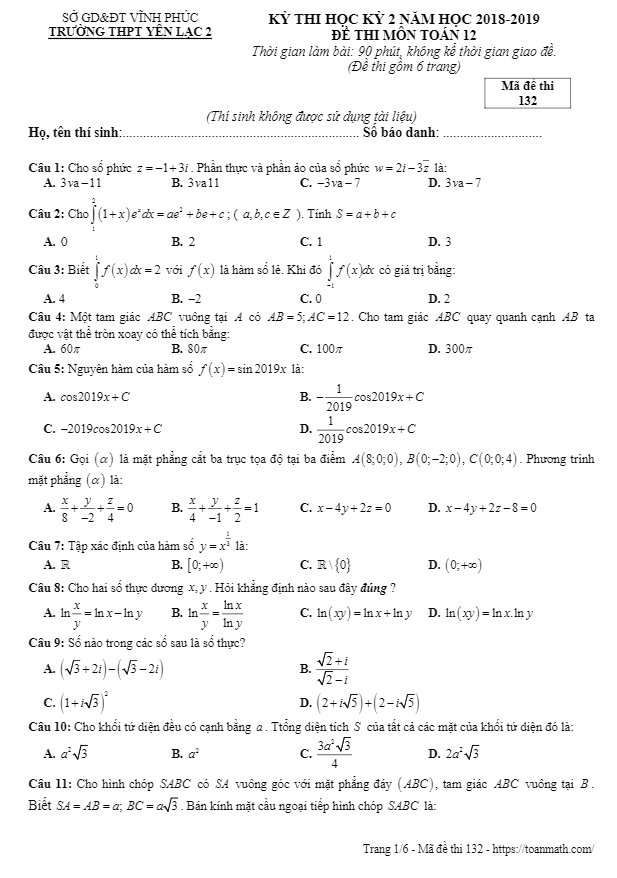 Đề thi học kì 2 (HK2) lớp 12 môn Toán năm học 2018 2019 trường THPT Yên Lạc 2 Vĩnh Phúc