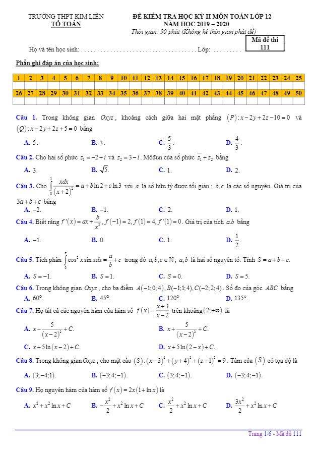 Đề thi học kì 2 (HK2) lớp 12 môn Toán năm học 2019 2020 trường THPT Kim Liên Hà Nội