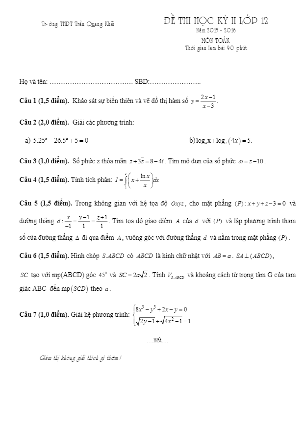 Đề thi học kì 2 (HK2) lớp 12 môn Toán trường THPT Trần Quang Khải TP. HCM năm học 2015 2016