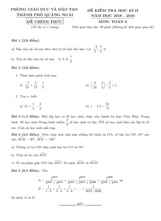 Đề thi học kì 2 (HK2) lớp 6 môn Toán năm 2018 2019 phòng GD ĐT thành phố Quảng Ngãi
