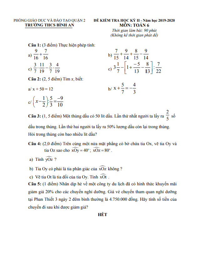 Đề thi học kì 2 (HK2) lớp 6 môn Toán năm 2019 2020 trường THCS Bình An TP HCM