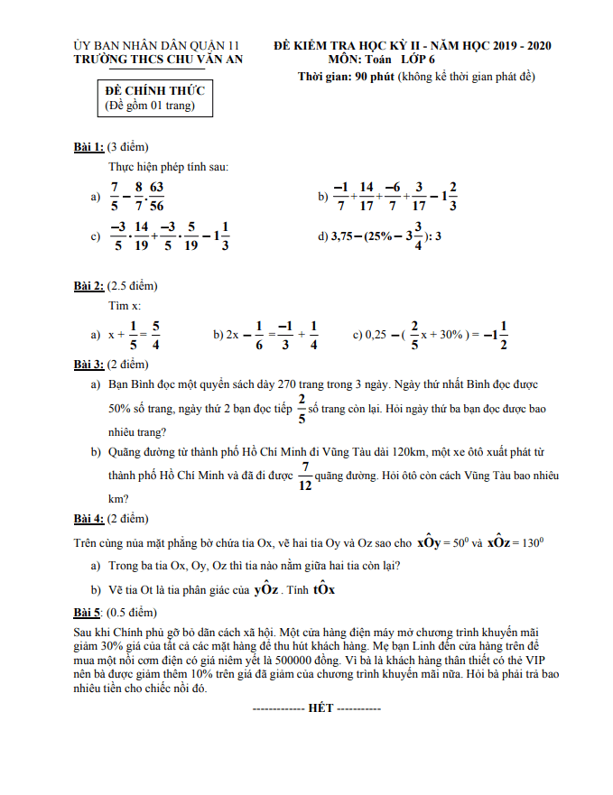 Đề thi học kì 2 (HK2) lớp 6 môn Toán năm 2019 2020 trường THCS Chu Văn An TP HCM