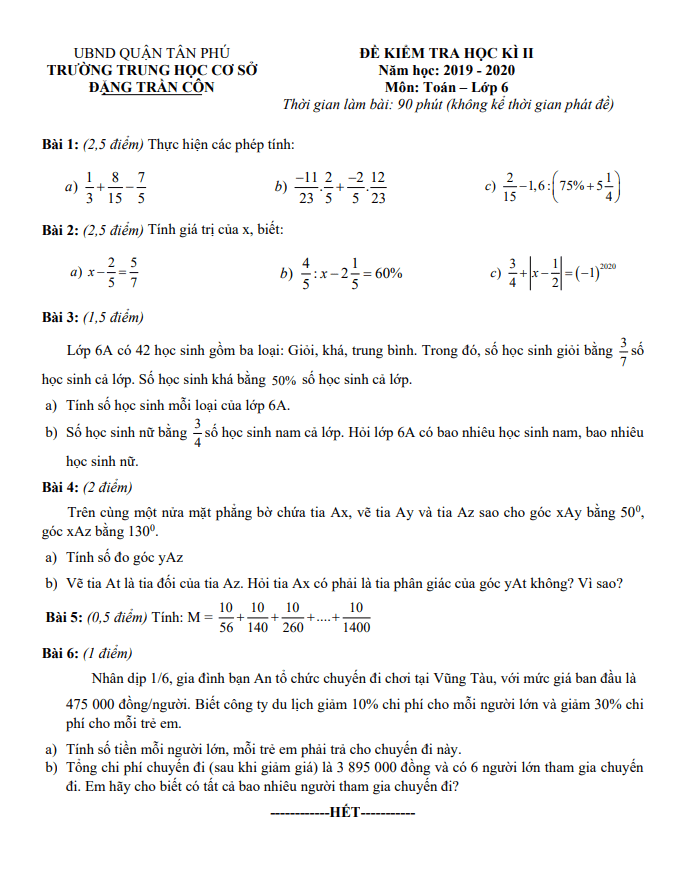 Đề thi học kì 2 (HK2) lớp 6 môn Toán năm 2019 2020 trường THCS Đặng Trần Côn TP HCM