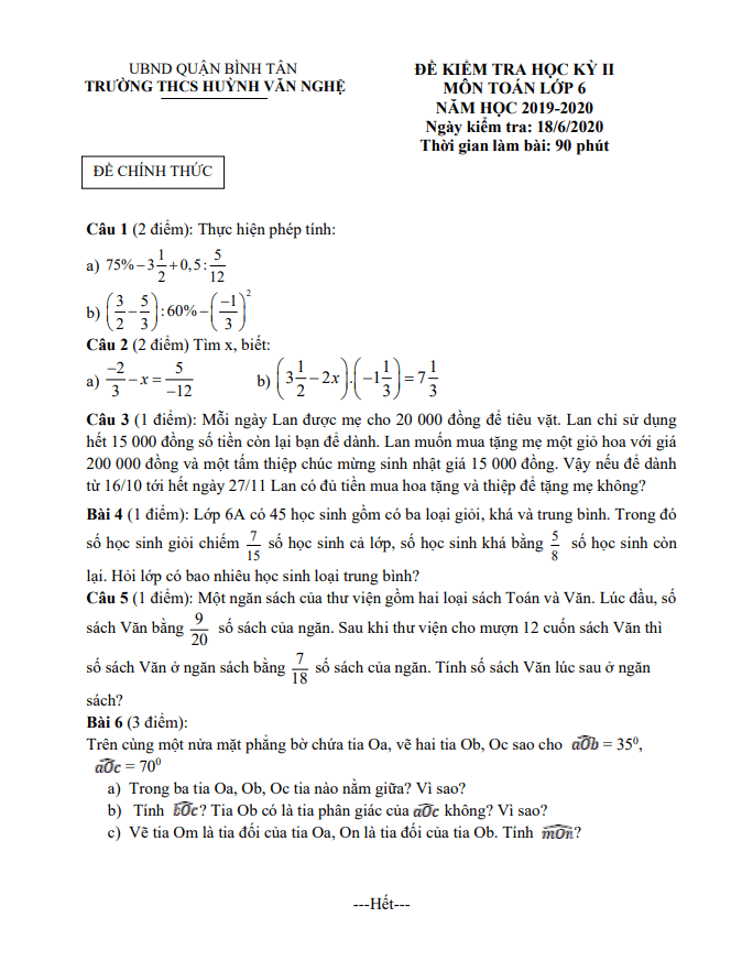Đề thi học kì 2 (HK2) lớp 6 môn Toán năm 2019 2020 trường THCS Huỳnh Văn Nghệ TP HCM