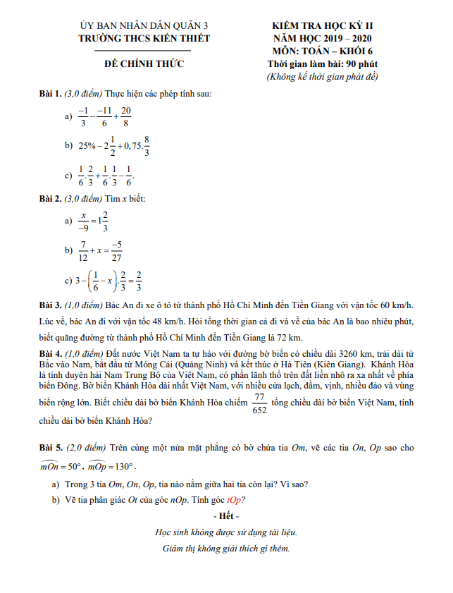 Đề thi học kì 2 (HK2) lớp 6 môn Toán năm 2019 2020 trường THCS Kiến Thiết TP HCM