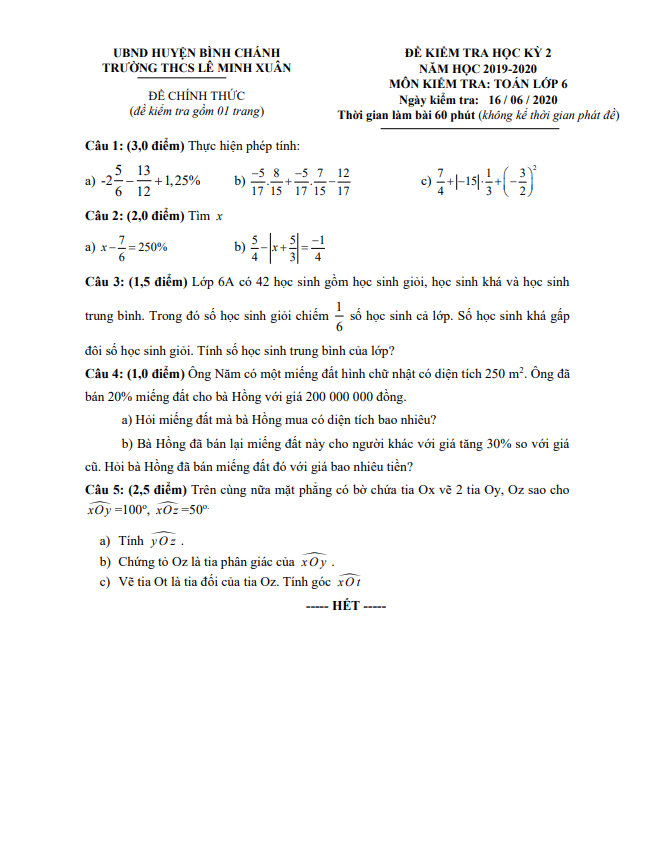Đề thi học kì 2 (HK2) lớp 6 môn Toán năm 2019 2020 trường THCS Lê Minh Xuân TP HCM
