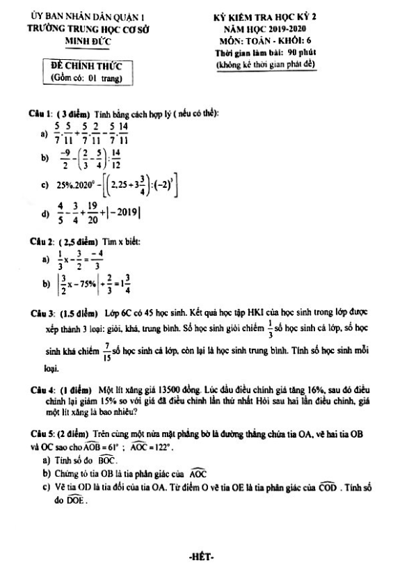 Đề thi học kì 2 (HK2) lớp 6 môn Toán năm 2019 2020 trường THCS Minh Đức TP HCM