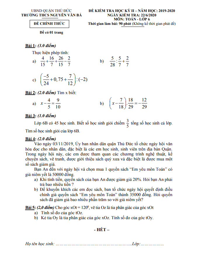 Đề thi học kì 2 (HK2) lớp 6 môn Toán năm 2019 2020 trường THCS Nguyễn Văn Bá TP HCM