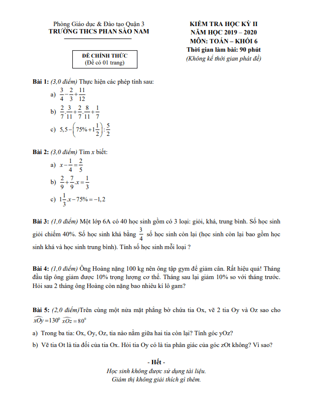 Đề thi học kì 2 (HK2) lớp 6 môn Toán năm 2019 2020 trường THCS Phan Sào Nam TP HCM