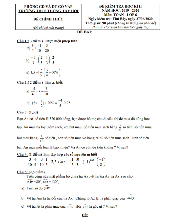 Đề thi học kì 2 (HK2) lớp 6 môn Toán năm 2019 2020 trường THCS Thông Tây Hội TP HCM