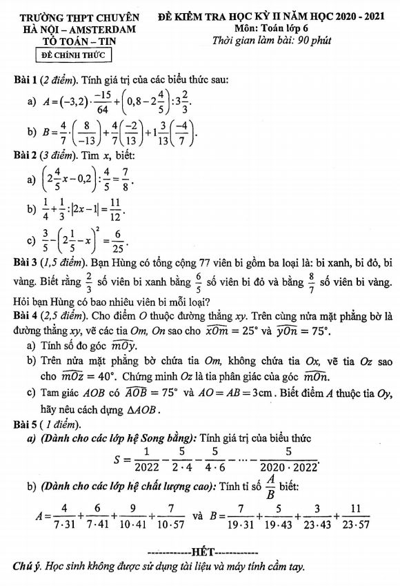 Đề thi học kì 2 (HK2) lớp 6 môn Toán năm 2020 2021 trường chuyên Hà Nội Amsterdam