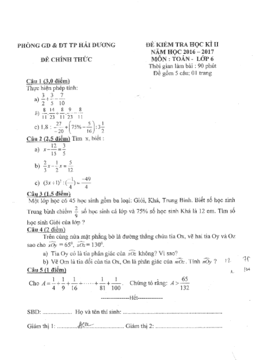 Đề thi học kì 2 (HK2) lớp 6 môn Toán năm học 2016 2017 phòng GD và ĐT Thành phố Hải Dương