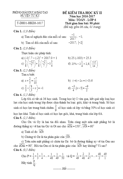 Đề thi học kì 2 (HK2) lớp 6 môn Toán năm học 2016 2017 phòng GD và ĐT Tứ Kỳ Hải Dương