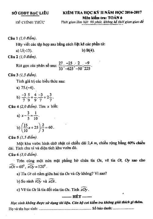 Đề thi học kì 2 (HK2) lớp 6 môn Toán năm học 2016 2017 sở GD và ĐT Bạc Liêu