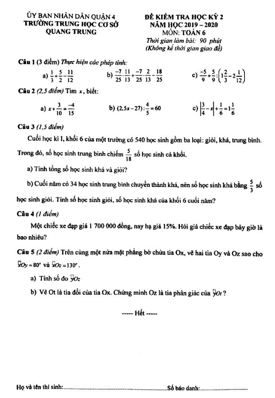 Đề thi học kì 2 (HK2) lớp 6 môn Toán năm học 2019 2020 trường THCS Quang Trung TP HCM