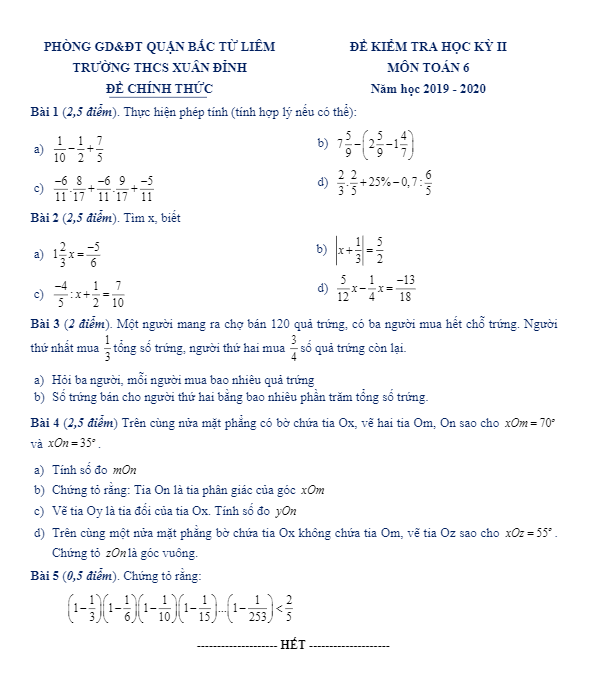 Đề thi học kì 2 (HK2) lớp 6 môn Toán năm học 2019 2020 trường THCS Xuân Đỉnh Hà Nội