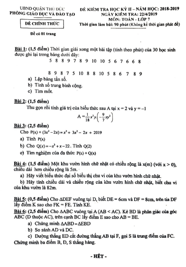 Đề thi học kì 2 (HK2) lớp 7 môn Toán năm 2018 2019 phòng GD ĐT Thủ Đức TP HCM