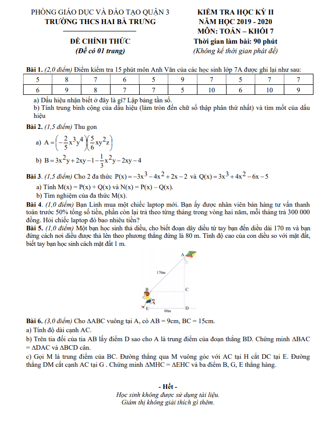 Đề thi học kì 2 (HK2) lớp 7 môn Toán năm 2019 2020 trường THCS Hai Bà Trưng TP HCM