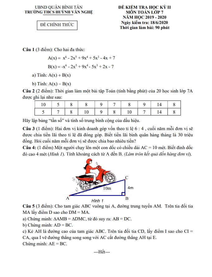 Đề thi học kì 2 (HK2) lớp 7 môn Toán năm 2019 2020 trường THCS Huỳnh Văn Nghệ TP HCM