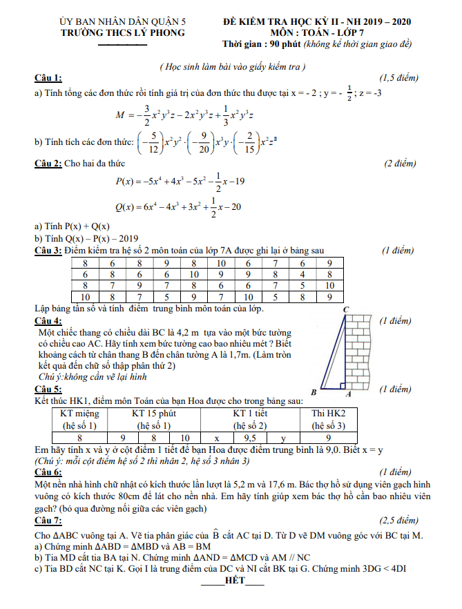 Đề thi học kì 2 (HK2) lớp 7 môn Toán năm 2019 2020 trường THCS Lý Phong TP HCM