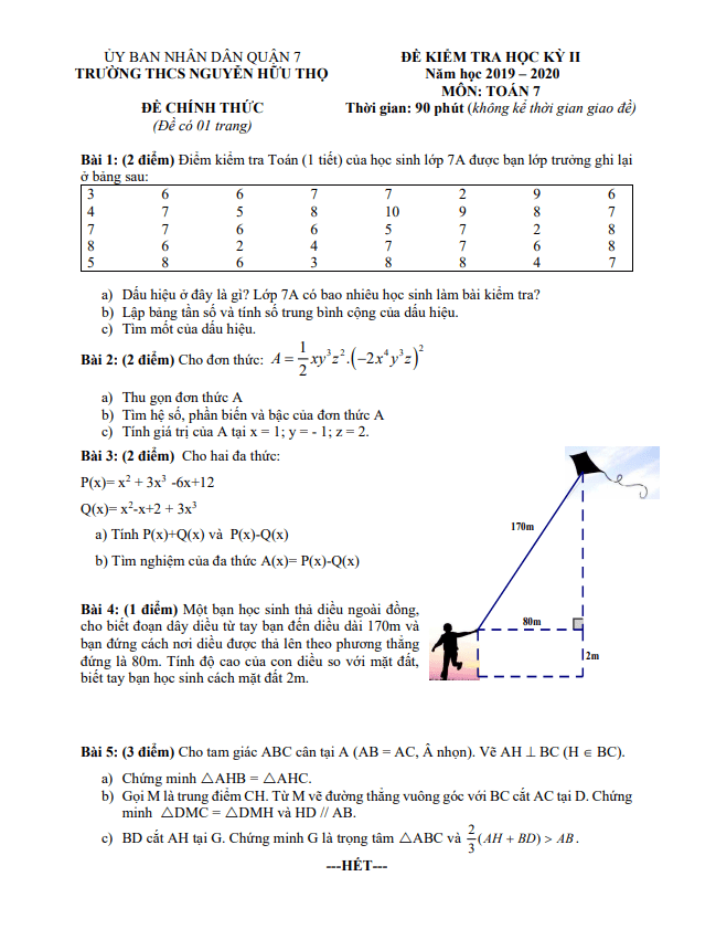 Đề thi học kì 2 (HK2) lớp 7 môn Toán năm 2019 2020 trường THCS Nguyễn Hữu Thọ TP HCM
