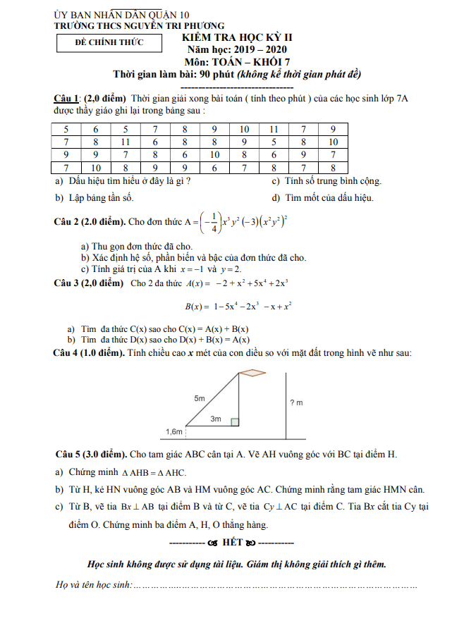 Đề thi học kì 2 (HK2) lớp 7 môn Toán năm 2019 2020 trường THCS Nguyễn Tri Phương TP HCM