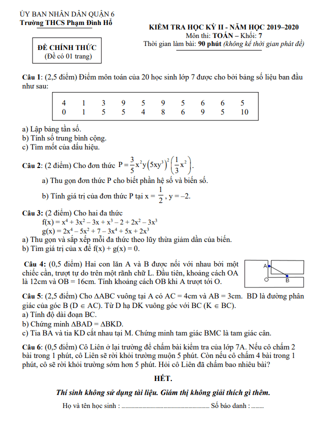 Đề thi học kì 2 (HK2) lớp 7 môn Toán năm 2019 2020 trường THCS Phạm Đình Hổ TP HCM