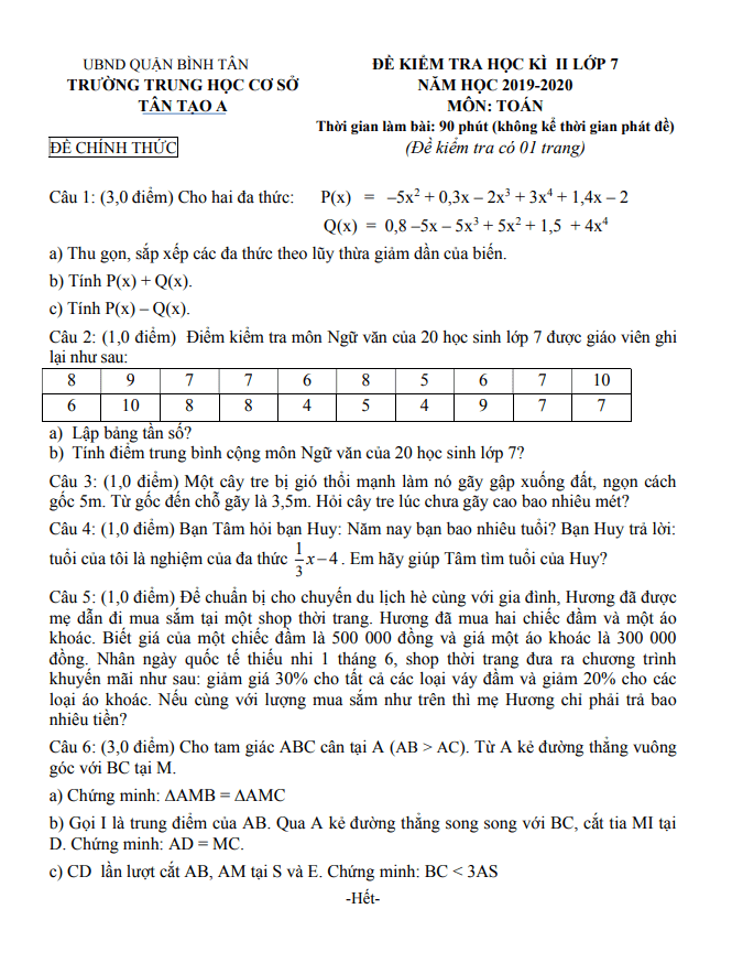 Đề thi học kì 2 (HK2) lớp 7 môn Toán năm 2019 2020 trường THCS Tân Tạo A TP HCM