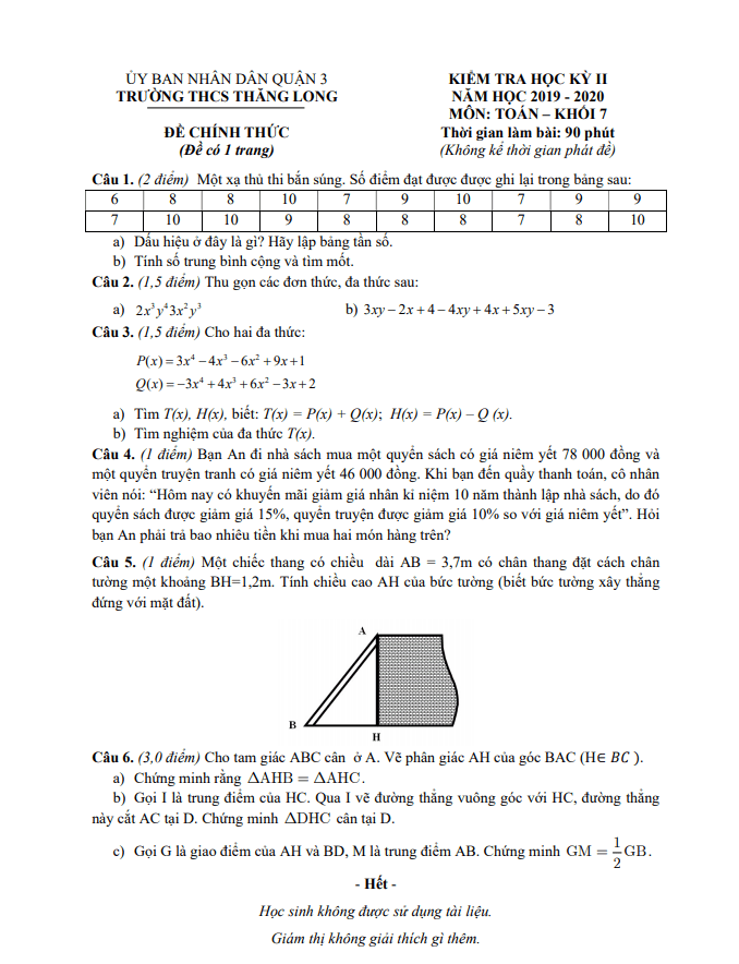 Đề thi học kì 2 (HK2) lớp 7 môn Toán năm 2019 2020 trường THCS Thăng Long TP HCM