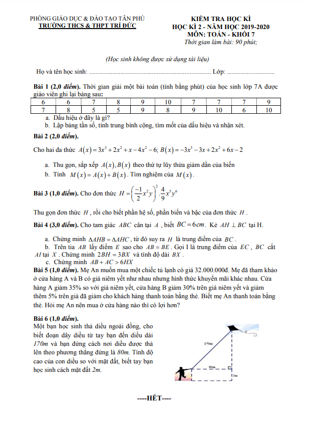 Đề thi học kì 2 (HK2) lớp 7 môn Toán năm 2019 2020 trường THCS THPT Trí Đức TP HCM