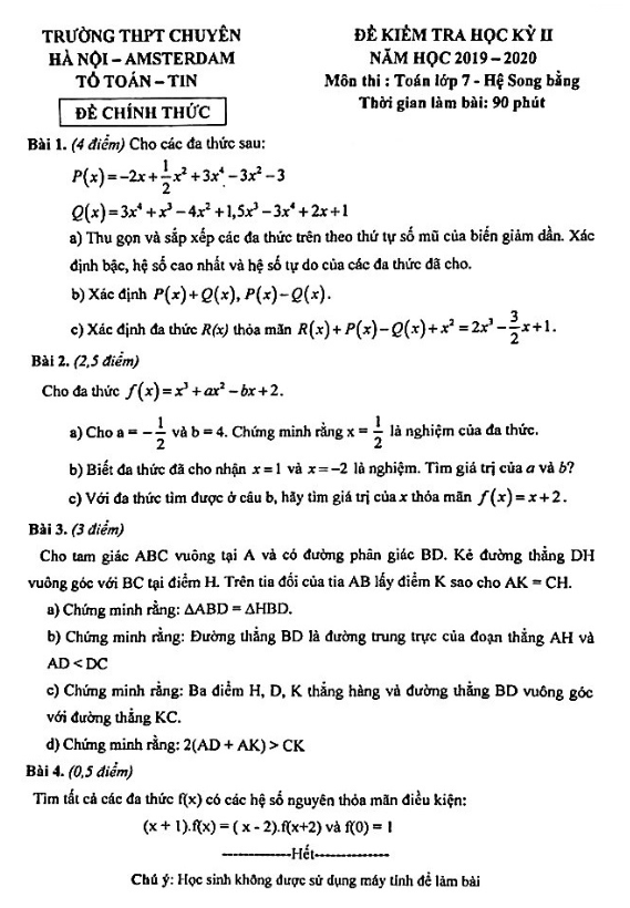 Đề thi học kì 2 (HK2) lớp 7 môn Toán năm 2019 2020 trường THPT chuyên Hà Nội Amsterdam