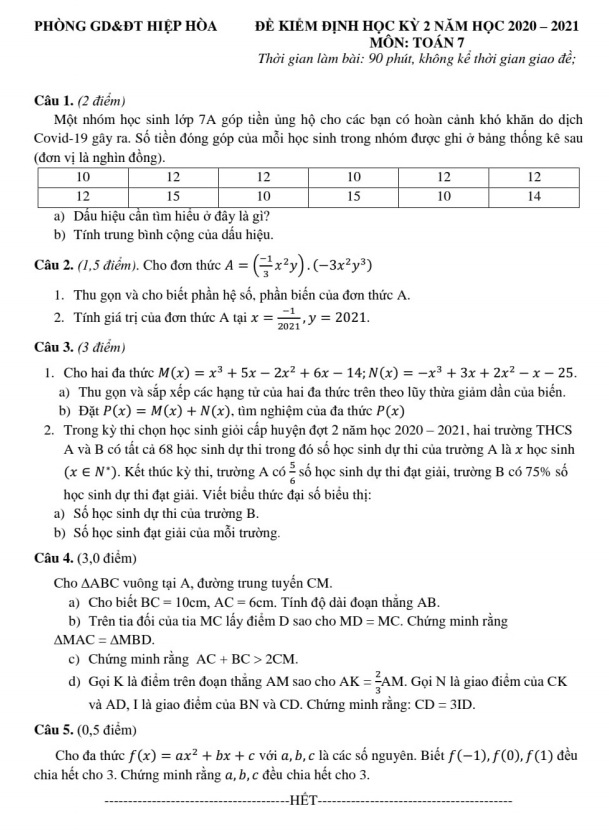 Đề thi học kì 2 (HK2) lớp 7 môn Toán năm 2020 2021 phòng GD ĐT Hiệp Hòa Bắc Giang