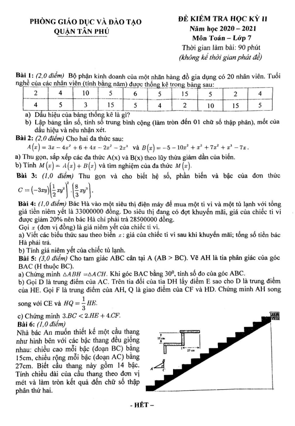 Đề thi học kì 2 (HK2) lớp 7 môn Toán năm 2020 2021 phòng GD ĐT Tân Phú TP HCM