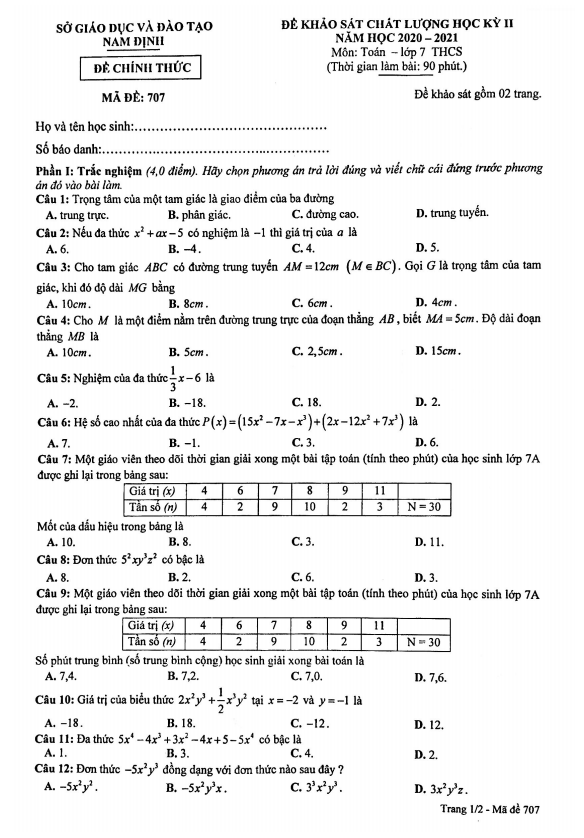 Đề thi học kì 2 (HK2) lớp 7 môn Toán năm 2020 2021 sở GD ĐT Nam Định