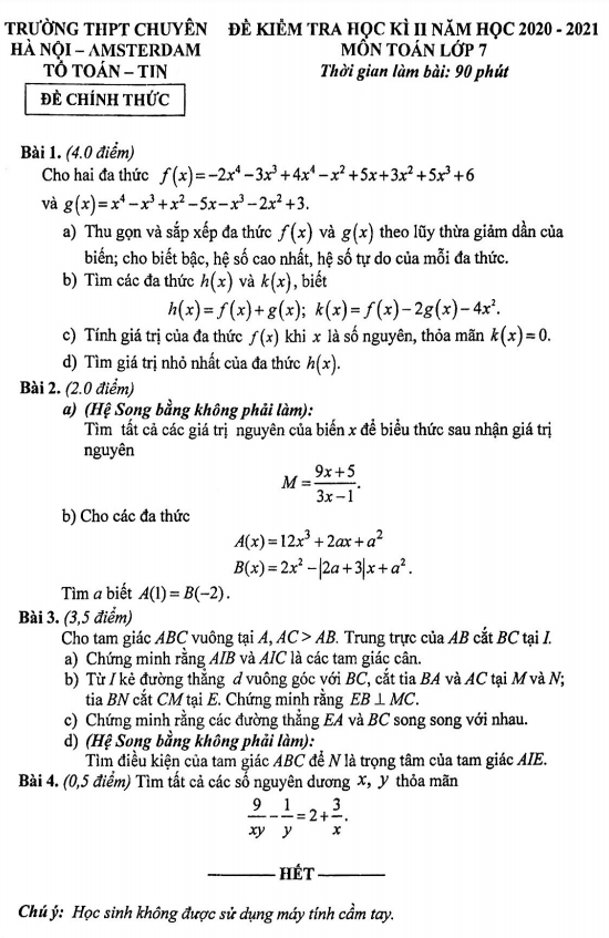 Đề thi học kì 2 (HK2) lớp 7 môn Toán năm 2020 2021 trường chuyên Hà Nội Amsterdam