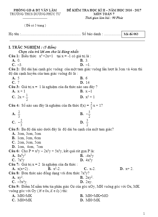 Đề thi học kì 2 (HK2) lớp 7 môn Toán năm học 2016 2017 trường THCS Dương Phúc Tư Hưng Yên