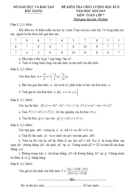 Đề thi học kì 2 (HK2) lớp 7 môn Toán năm học 2018 – 2019 sở GD ĐT Bắc Giang