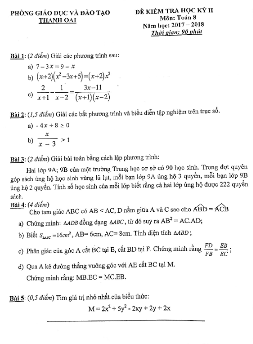 Đề thi học kì 2 (HK2) lớp 8 môn Toán năm 2017 2018 phòng GD và ĐT Thanh Oai Hà Nội