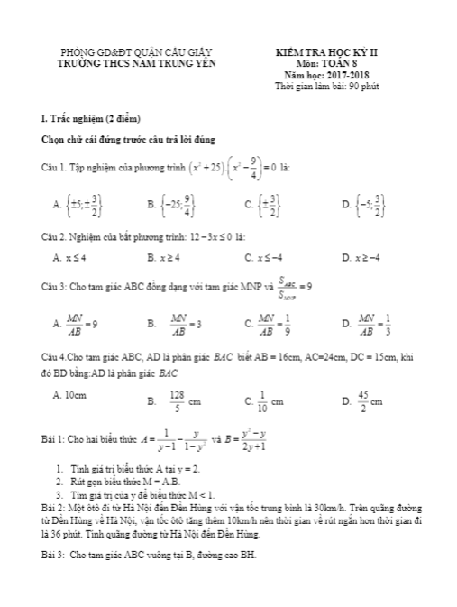 Đề thi học kì 2 (HK2) lớp 8 môn Toán năm 2017 2018 trường THCS Nam Trung Yên Hà Nội