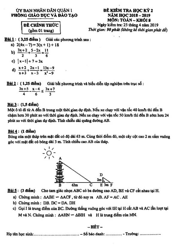Đề thi học kì 2 (HK2) lớp 8 môn Toán năm 2018 2019 phòng GD ĐT Quận 1 TP HCM