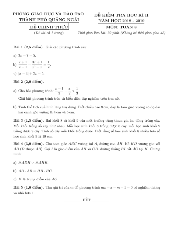 Đề thi học kì 2 (HK2) lớp 8 môn Toán năm 2018 2019 phòng GD ĐT thành phố Quảng Ngãi