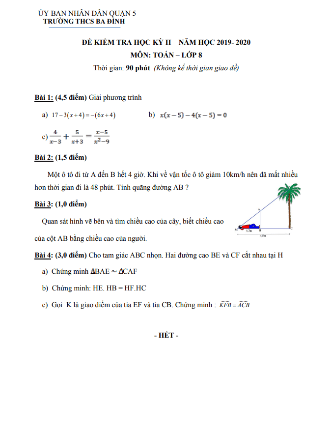 Đề thi học kì 2 (HK2) lớp 8 môn Toán năm 2019 2020 trường THCS Ba Đình TP HCM