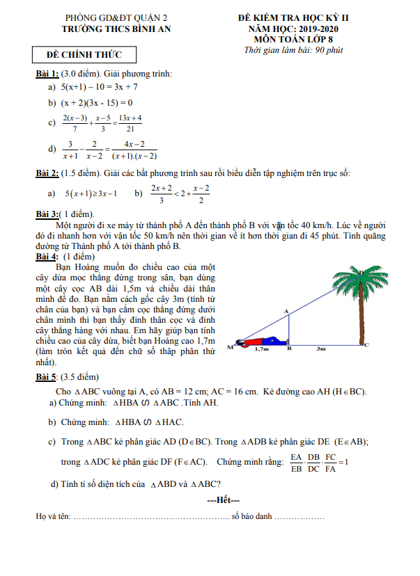 Đề thi học kì 2 (HK2) lớp 8 môn Toán năm 2019 2020 trường THCS Bình An TP HCM