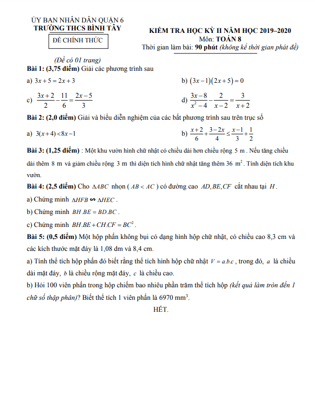 Đề thi học kì 2 (HK2) lớp 8 môn Toán năm 2019 2020 trường THCS Bình Tây TP HCM