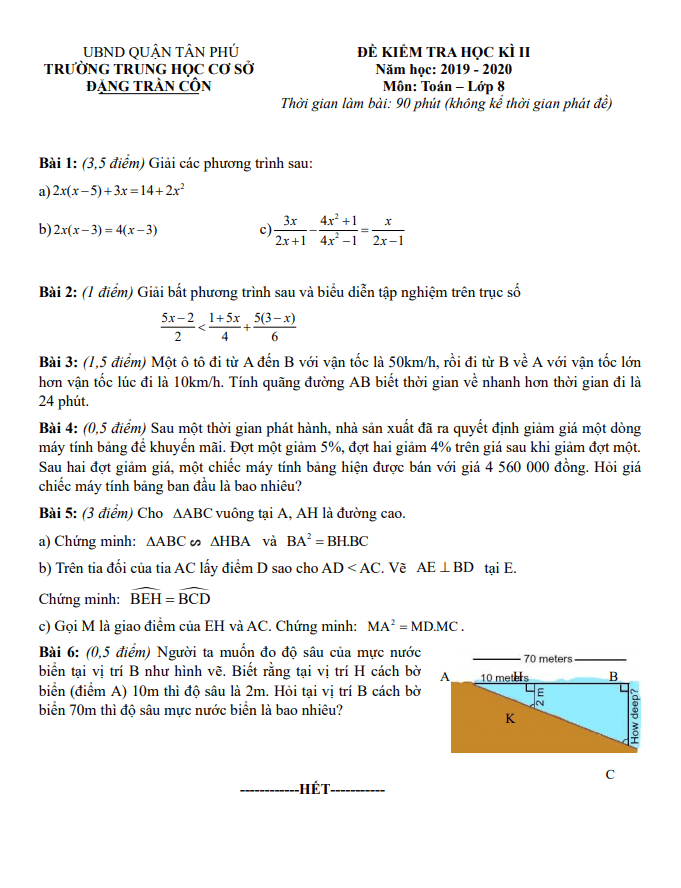 Đề thi học kì 2 (HK2) lớp 8 môn Toán năm 2019 2020 trường THCS Đặng Trần Côn TP HCM