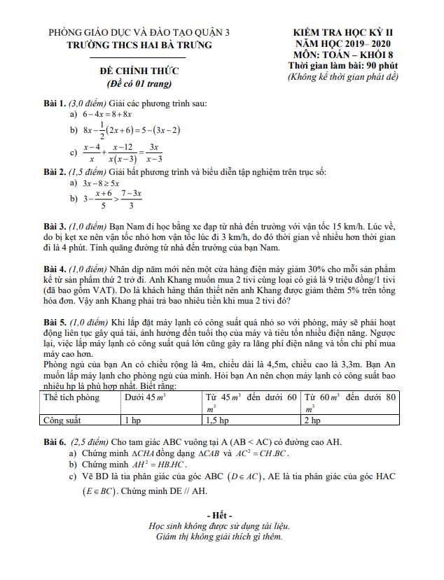 Đề thi học kì 2 (HK2) lớp 8 môn Toán năm 2019 2020 trường THCS Hai Bà Trưng TP HCM