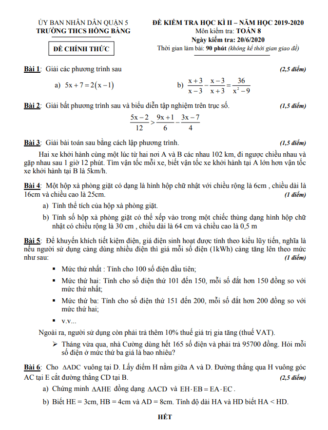 Đề thi học kì 2 (HK2) lớp 8 môn Toán năm 2019 2020 trường THCS Hồng Bàng TP HCM