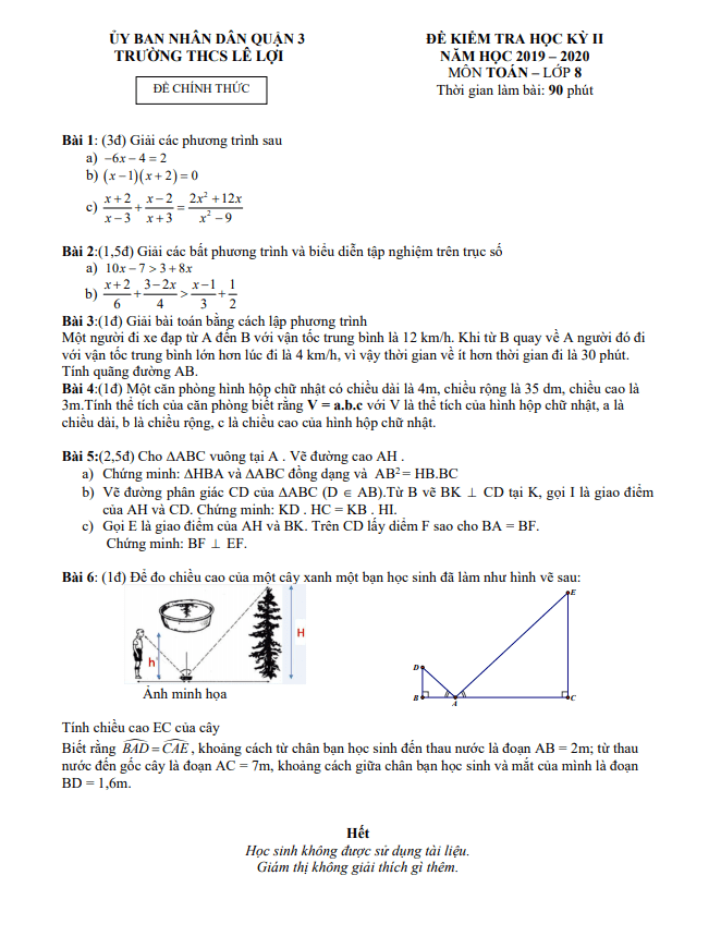 Đề thi học kì 2 (HK2) lớp 8 môn Toán năm 2019 2020 trường THCS Lê Lợi TP HCM