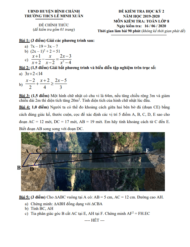 Đề thi học kì 2 (HK2) lớp 8 môn Toán năm 2019 2020 trường THCS Lê Minh Xuân TP HCM
